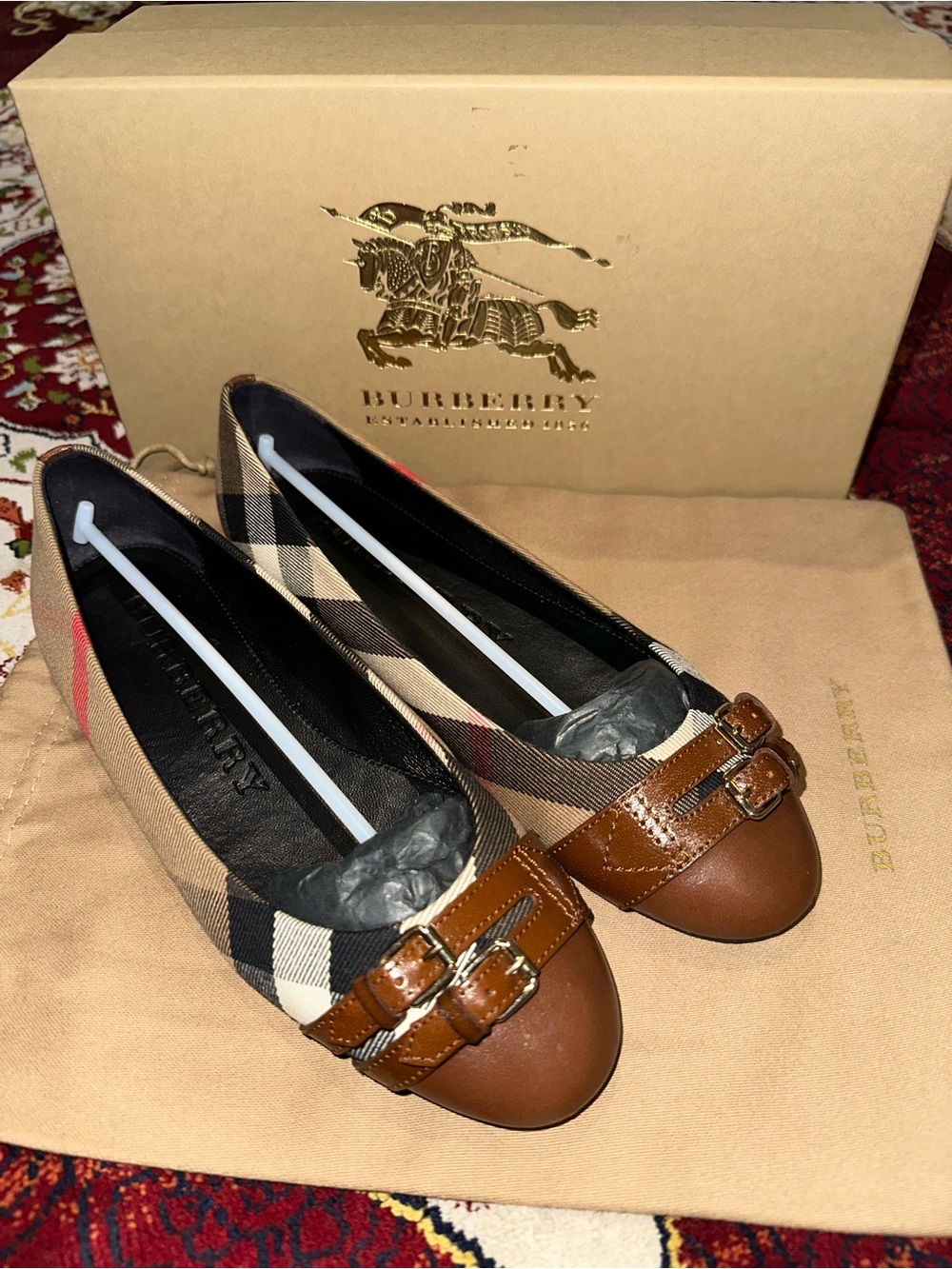 Burberry Tan & Brown Check Leather-Trim Ballet Flats